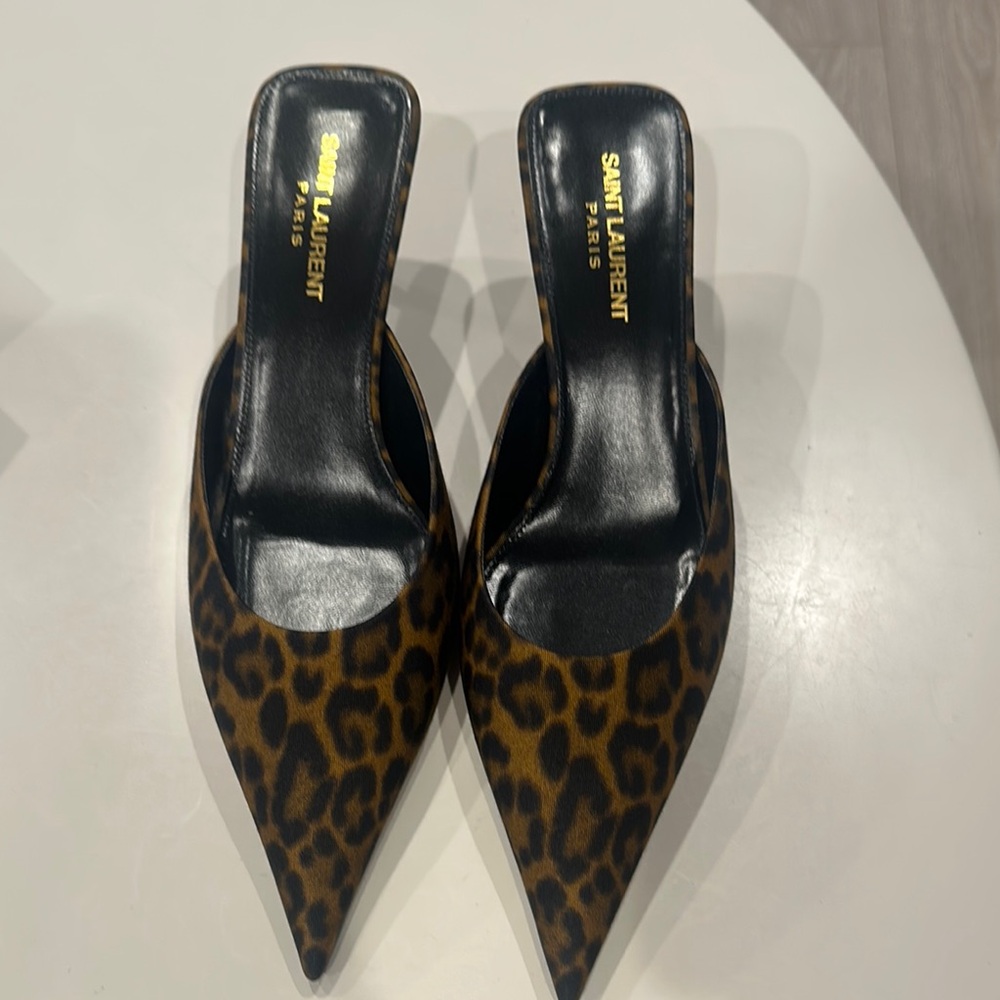 Saint Laurent Brown and Black Leopard Print Mules